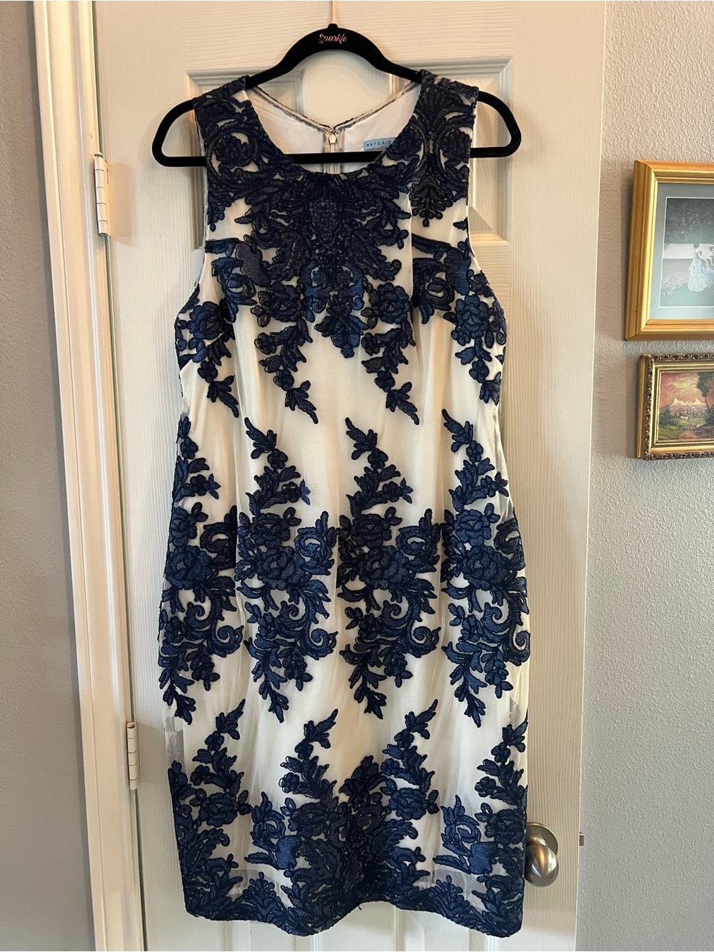 ANTONIO MELANI Navy Embroidered Floral Sleeveless Dress on White